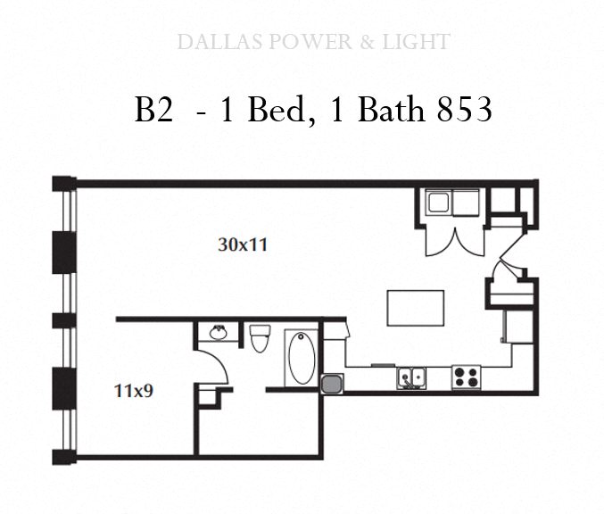Floor plan for 1 bed, 1 bath, 853 sqft